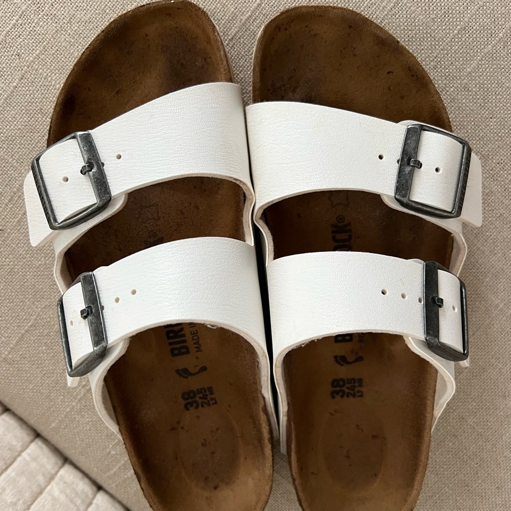 Birkenstocks Arizona Slide Sandals White Silver Buckle 38 - Picture 2 of 8